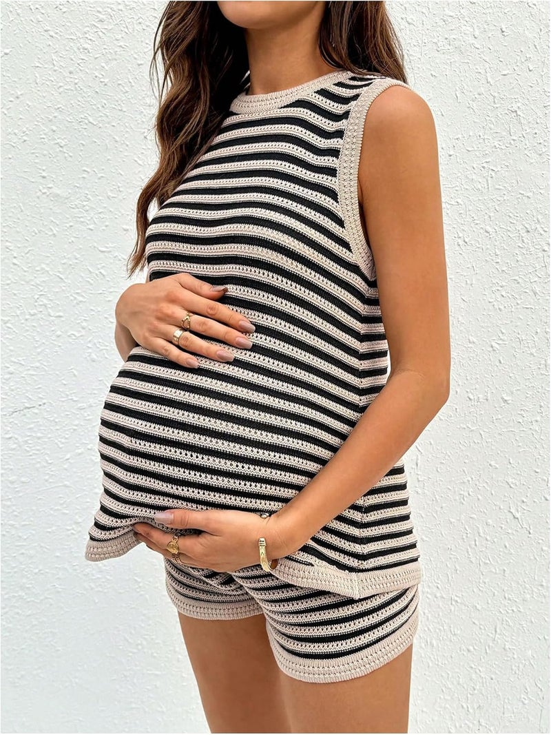 SweatyRocks Women's Maternity Sets Striped Knit Tank Top and Shorts Outfits - Image 4